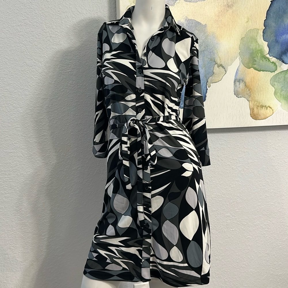 EXPRESS Womens Black White Gray Button Down Shirt Dress - Picture 3 of 10